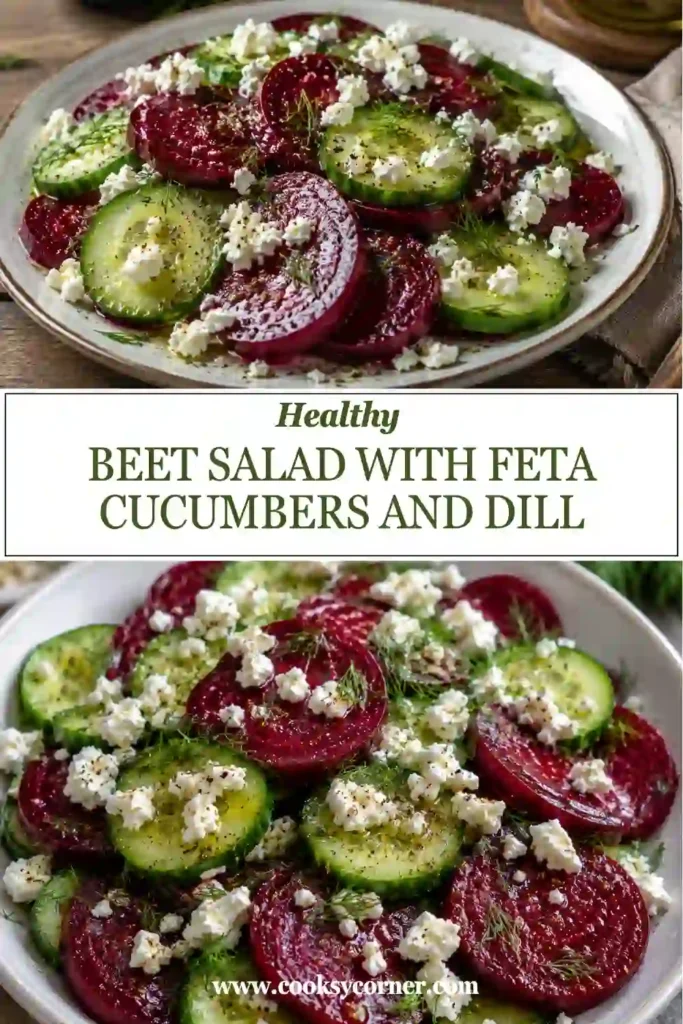 Fresh beet and cucumber salad topped with feta cheese and chopped dill. This vibrant side dish is dressed with olive oil and balsamic vinegar.