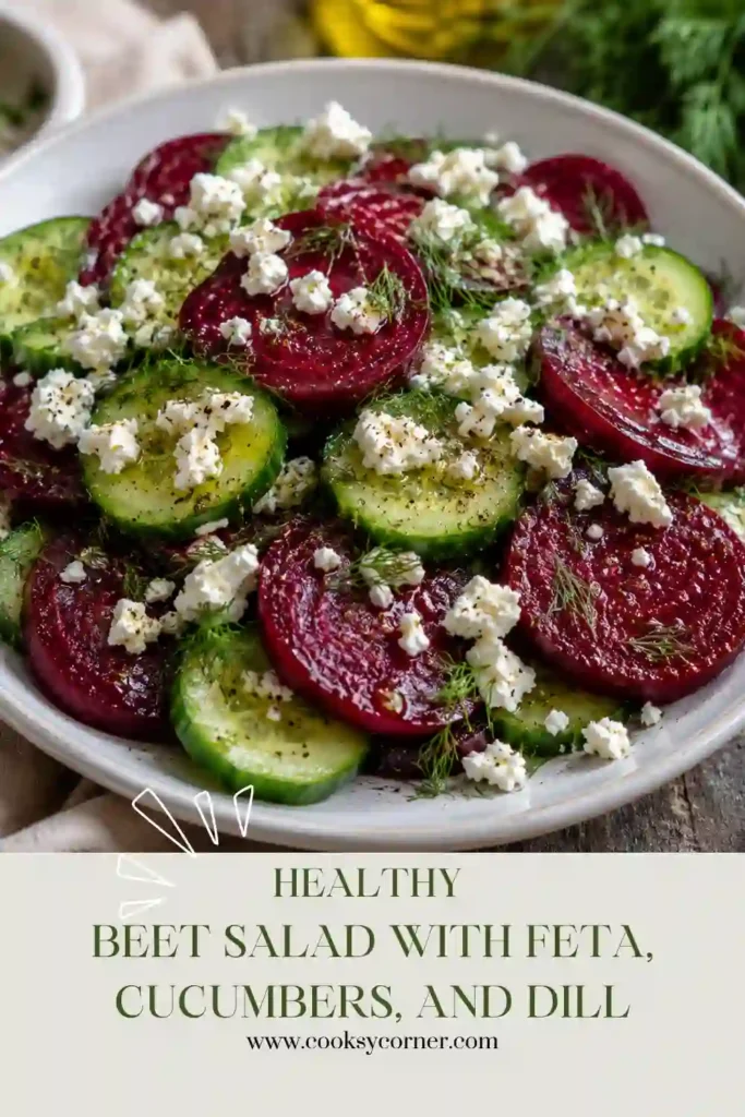 Homemade Beet Salad with Feta, Cucumbers, and Dill served in a white bowl. The bright colors and fresh ingredients make it a beautiful healthy salad.