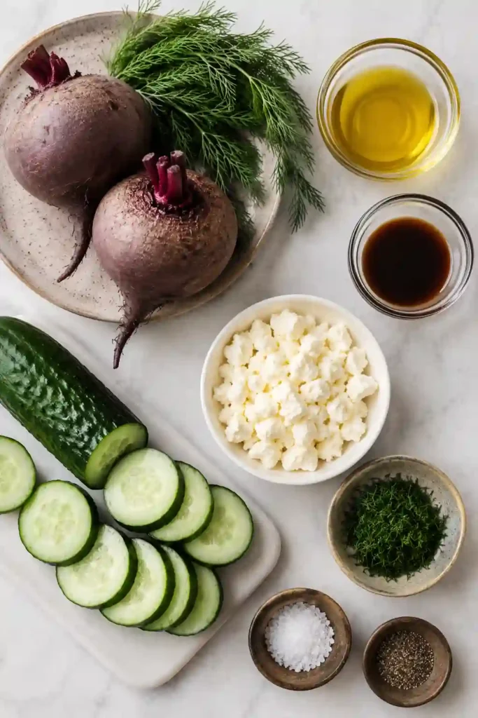 Roasted beet salad with cucumber slices, feta cheese, and fresh dill. A refreshing vegetarian recipe perfect for lunch or dinner.