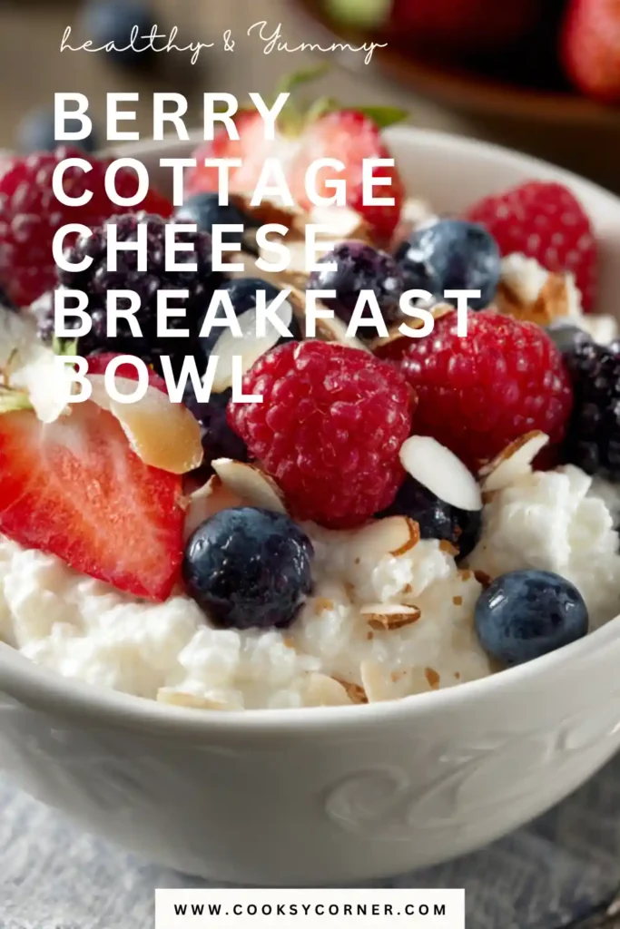 A Berry Cottage Cheese Breakfast Bowl topped with fresh strawberries, blueberries, raspberries, blackberries, and slivered almonds. This healthy high-protein breakfast is colorful, fresh, and nutritious.