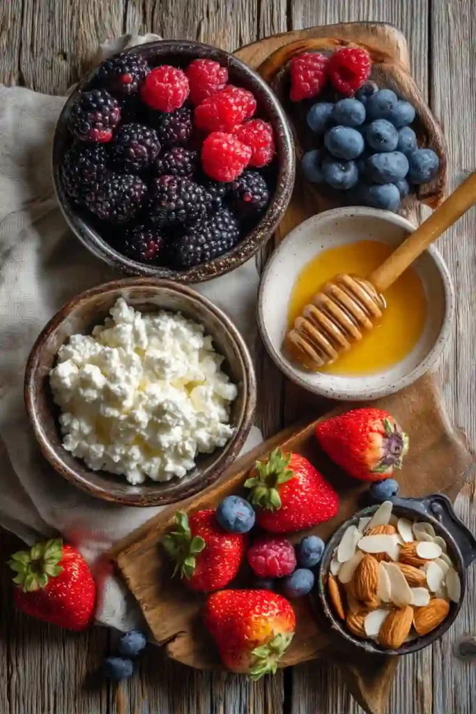 Fresh Berry Cottage Cheese Breakfast Bowl arranged with vibrant berries and almonds. This easy breakfast recipe delivers protein, fiber, and delicious flavor.