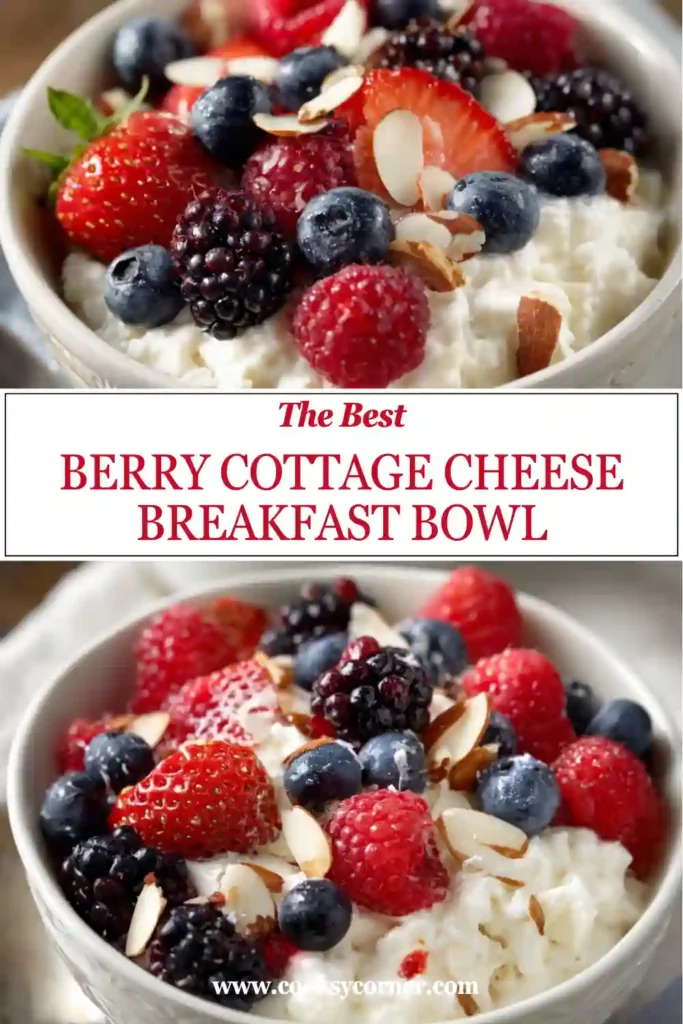 Creamy cottage cheese served in a breakfast bowl with mixed berries and crunchy almonds. A quick and healthy breakfast recipe packed with protein and natural sweetness.