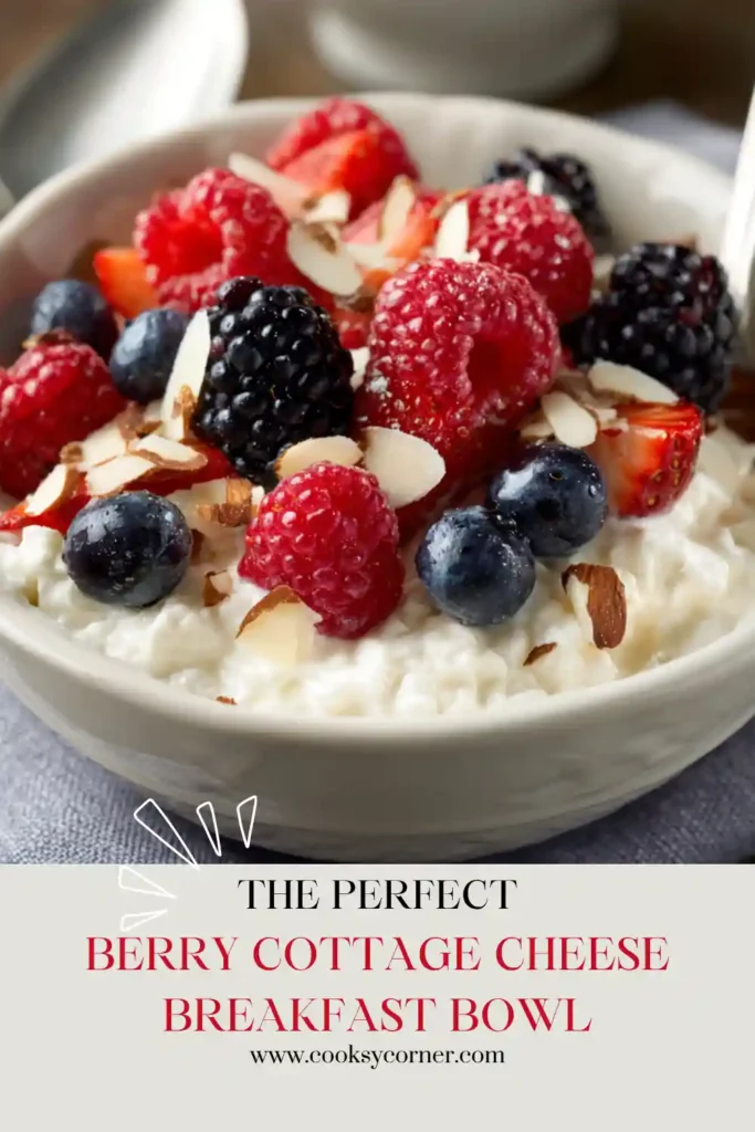 Healthy berry breakfast bowl featuring cottage cheese, fresh seasonal berries, and sliced almonds. Perfect for a nutritious morning meal or post-workout snack.