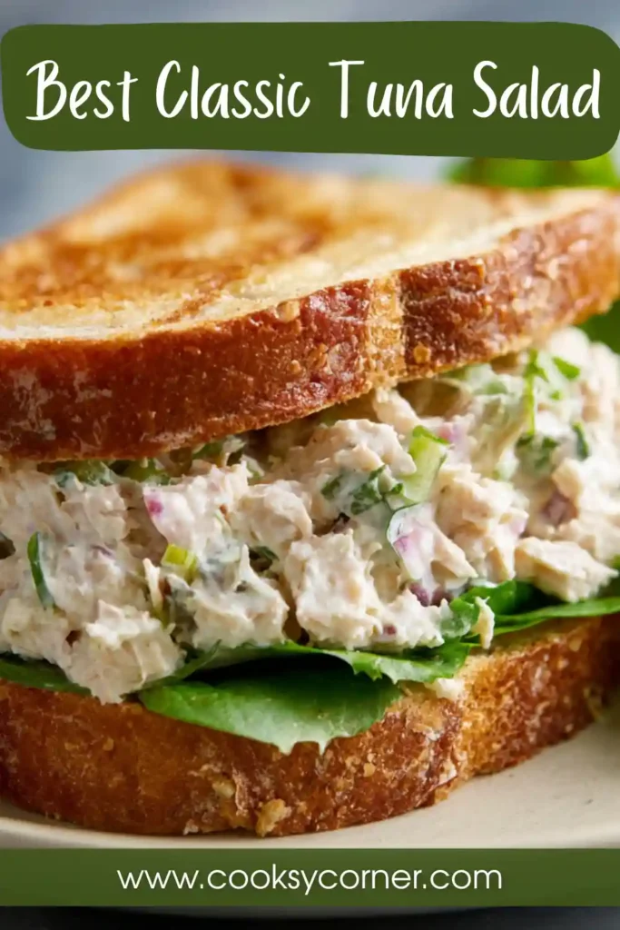 A bowl of creamy classic tuna salad made with canned tuna, celery, red onion, and mayonnaise. This easy homemade tuna salad recipe is perfect for sandwiches and quick lunches.