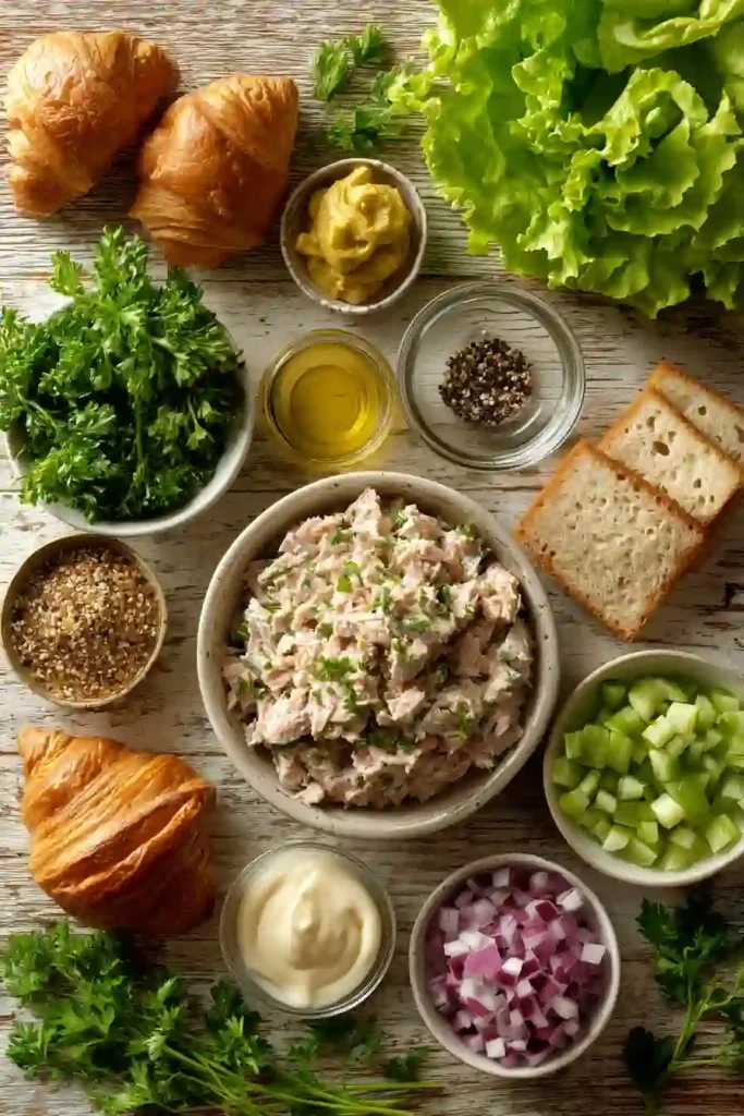 A homemade tuna salad recipe displayed with crackers and fresh herbs. Creamy, flavorful, and easy to prepare in under 10 minutes.