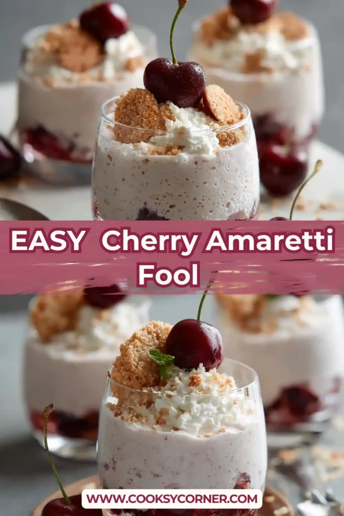 Creamy cherry fool dessert made with fresh Bing cherries, sour cream, whipped cream, and amaretti cookies. The layered texture creates an elegant presentation.