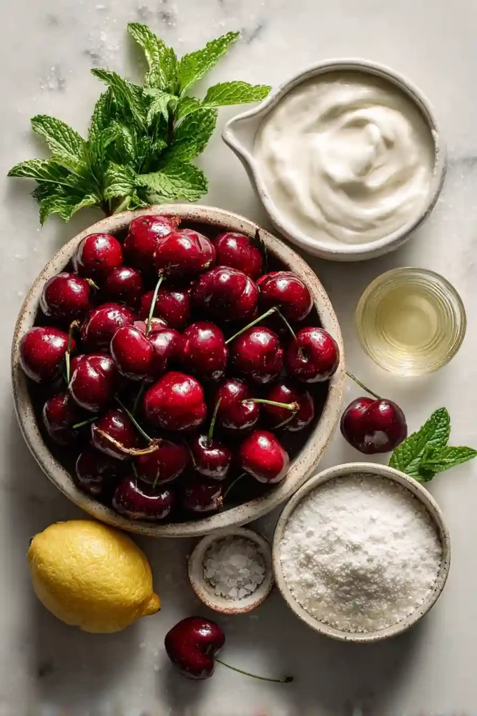 Homemade Bing Cherry Amaretti Fool garnished with fresh cherries and mint leaves. A refreshing summer dessert featuring sweet cherries and almond cookie crunch.