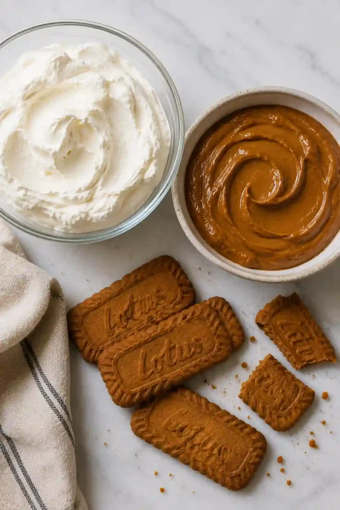 A bowl of creamy Biscoff mousse topped with cookie butter drizzle and crunchy Biscoff cookies.