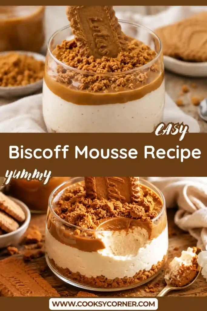 Light and fluffy Biscoff mousse garnished with Lotus Biscoff cookies and drizzled with cookie butter spread.