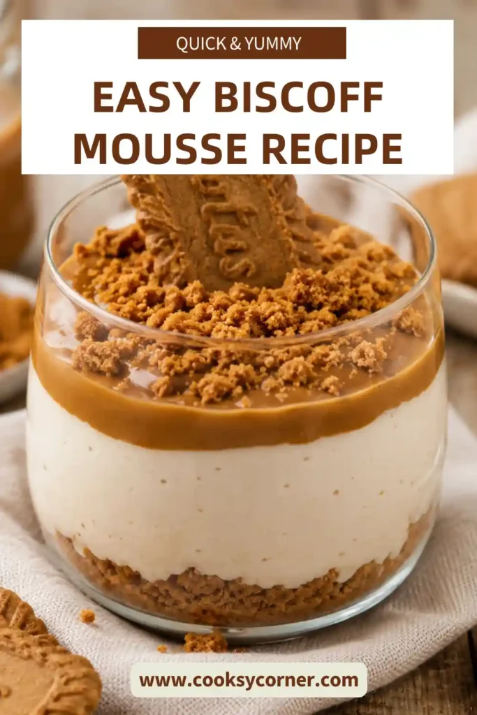 Biscoff mousse served in dessert glasses and topped with melted cookie butter and crushed Biscoff cookies.