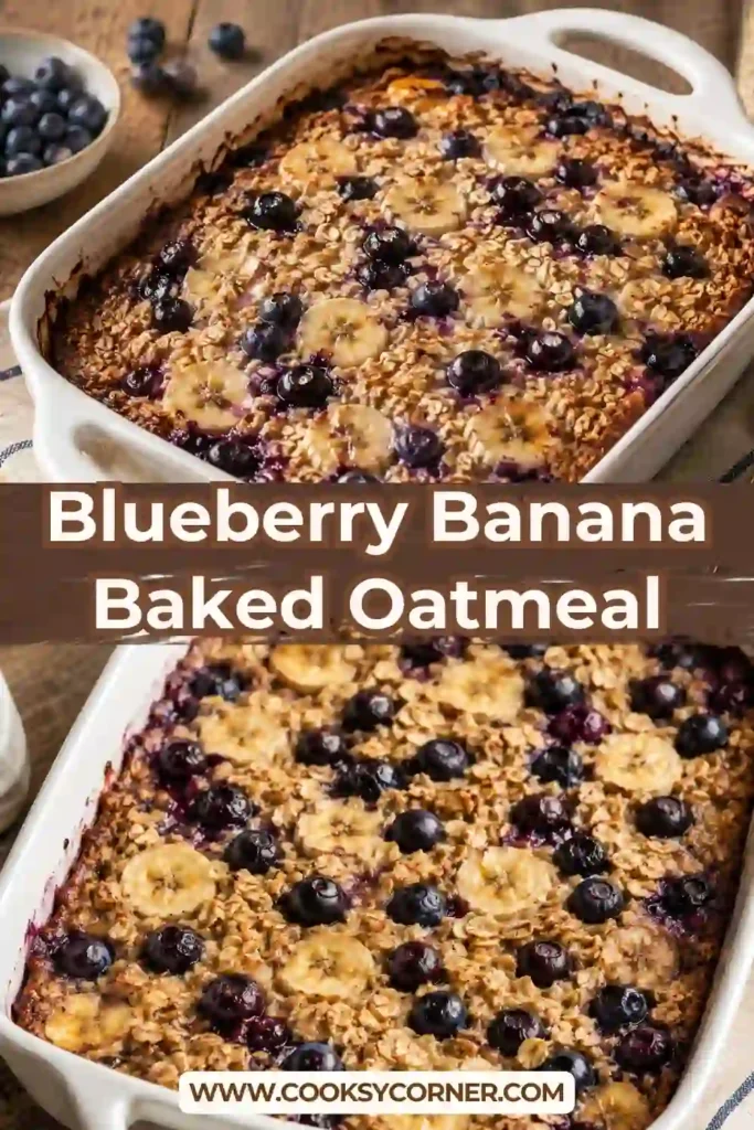 Healthy baked oatmeal made with rolled oats, ripe bananas, and juicy blueberries served warm.