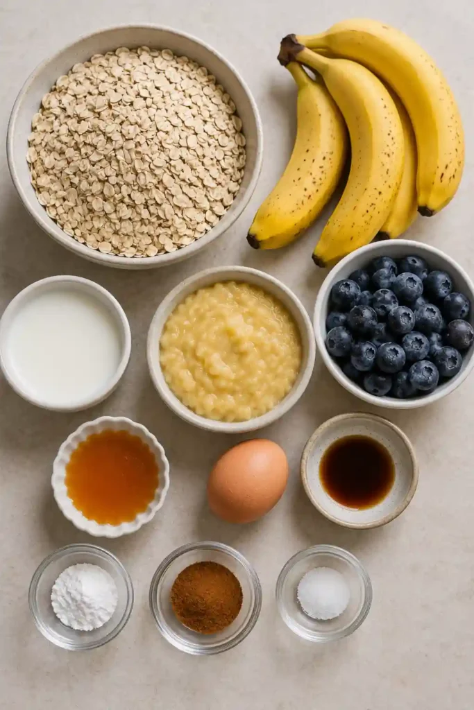 Easy breakfast baked oatmeal featuring blueberries, bananas, and cinnamon in every bite.