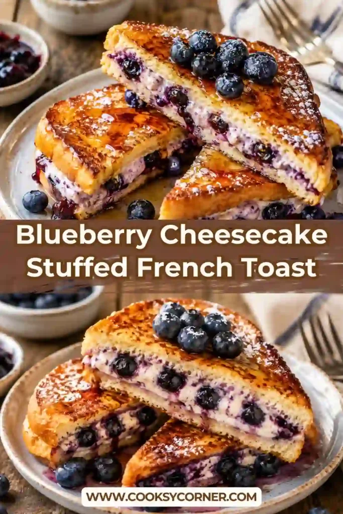 Blueberry Cheesecake Stuffed French Toast stacked on a serving plate with maple syrup and whipped cream. Fresh blueberries add vibrant color and natural sweetness.