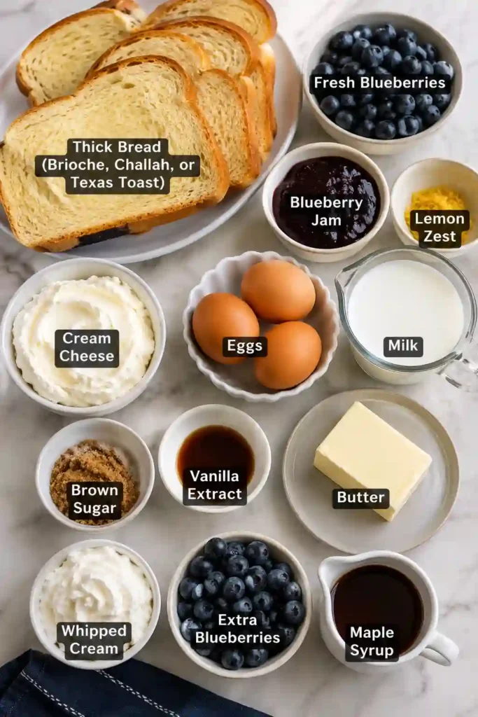 Freshly cooked stuffed French toast with blueberry cheesecake filling and berry toppings. The golden crust and creamy interior make it a standout breakfast dish.