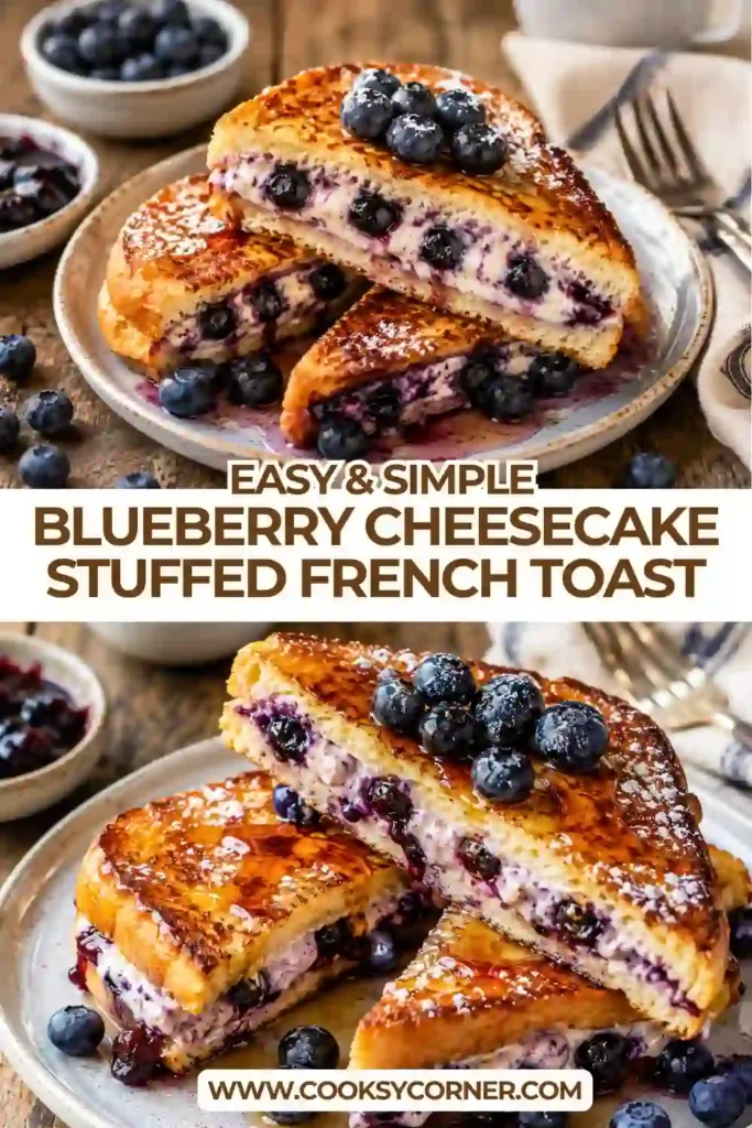 Stuffed French toast filled with cream cheese and blueberry jam, cooked until crisp and golden brown. Fresh berries and syrup complete this indulgent brunch recipe.