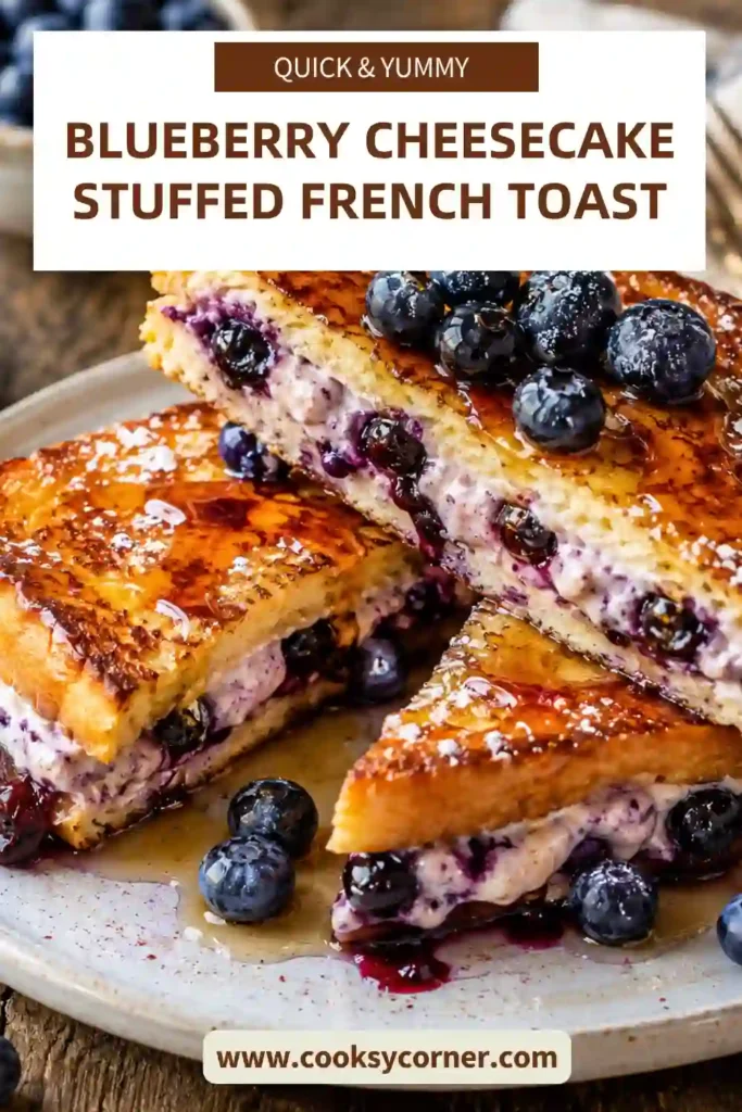 A plate of Blueberry Cheesecake Stuffed French Toast topped with fresh blueberries and whipped cream. Thick golden slices reveal a creamy cheesecake filling bursting with berry flavor.