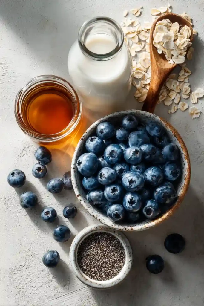 Creamy blueberry overnight oats served in a mason jar with fresh berries and granola.