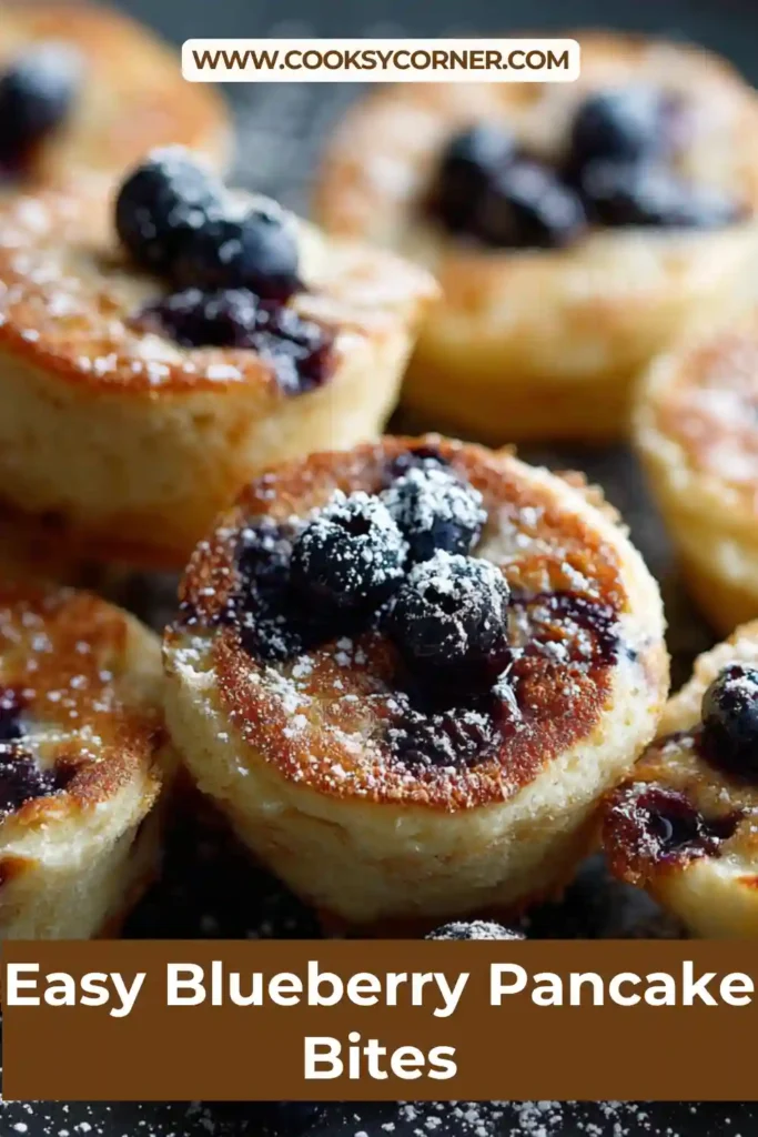 Blueberry Pancake Bites arranged on a serving tray with fresh blueberries and glaze.