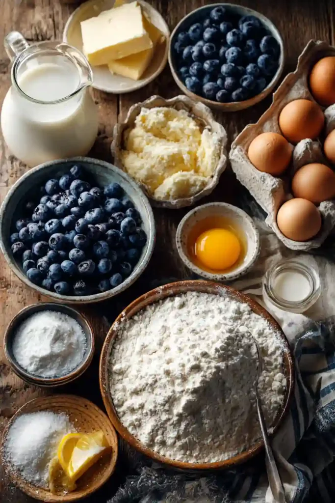 Freshly baked pancake bites with blueberries and sweet icing on a rustic breakfast table.