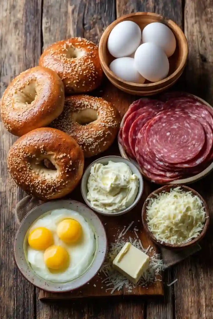 Freshly made Breakfast Bagel Sandwich stacked with fluffy eggs, melted mozzarella, and crispy halal mortadella inside a toasted bagel. Served warm for a hearty homemade breakfast.