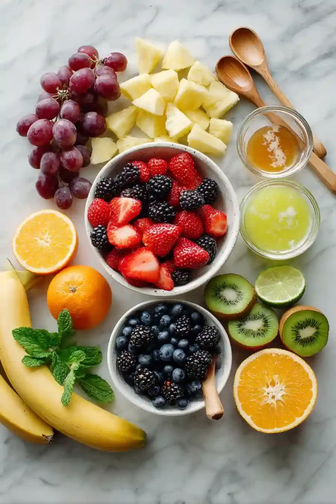 Refreshing Breakfast Fruit Salad with mixed fresh fruit and homemade orange lime dressing.
