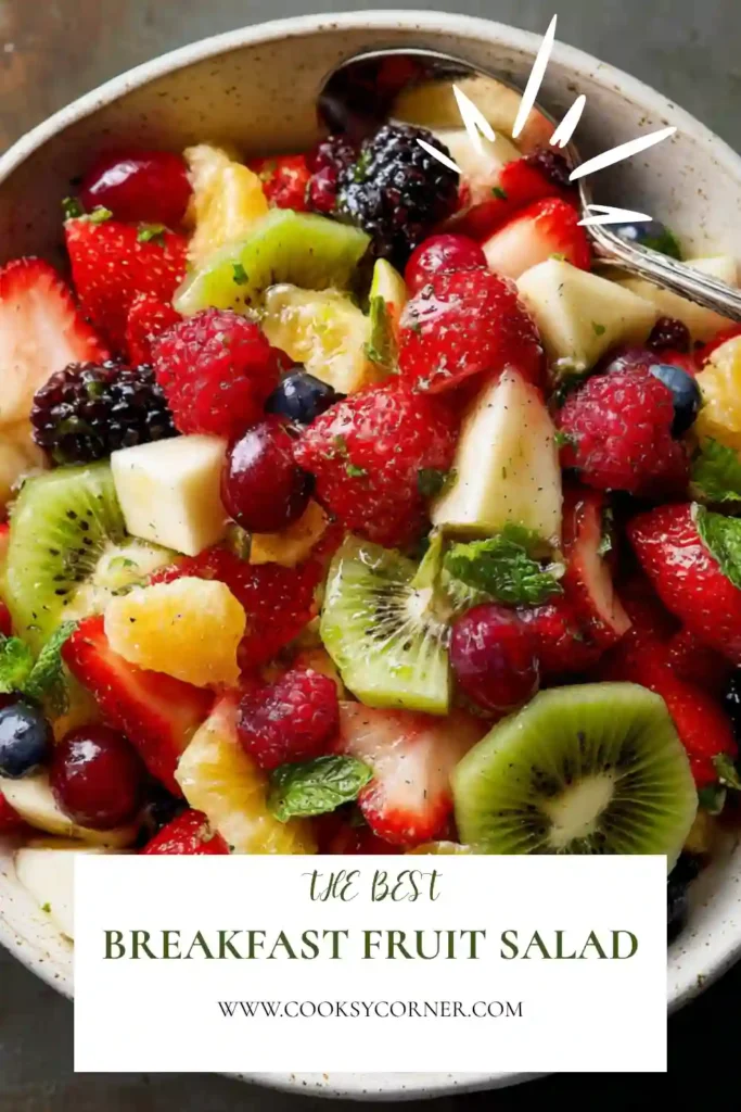 Fresh Breakfast Fruit Salad featuring colorful berries and tropical fruits garnished with mint leaves.