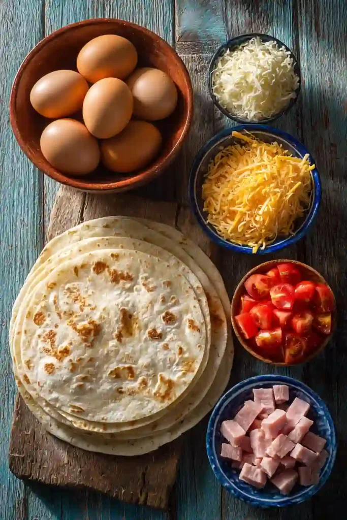 Homemade Breakfast Quesadilla featuring eggs, cheese, tomato, and turkey ham inside toasted tortillas. A simple and satisfying morning meal.