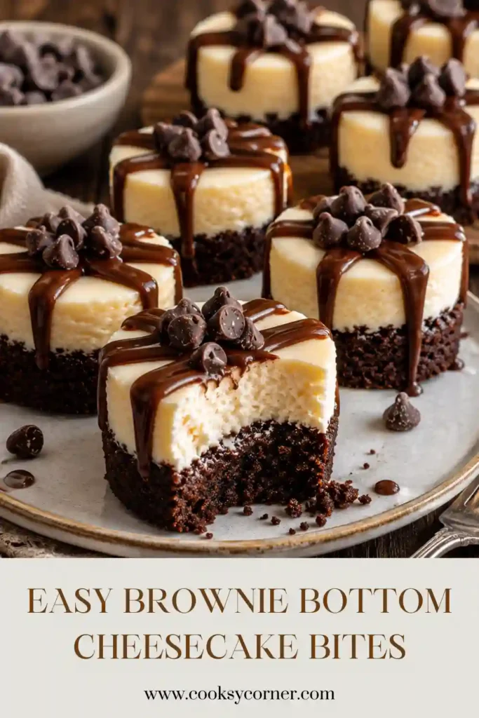 A tray of Brownie Bottom Cheesecake Bites topped with glossy chocolate ganache and mini chocolate chips. The fudgy brownie base and creamy cheesecake layer create a rich bite-sized dessert.