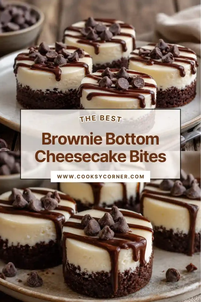 Close-up view of homemade Brownie Bottom Cheesecake Bites with smooth cheesecake filling and chocolate topping. These mini cheesecake desserts are perfect for parties and celebrations.