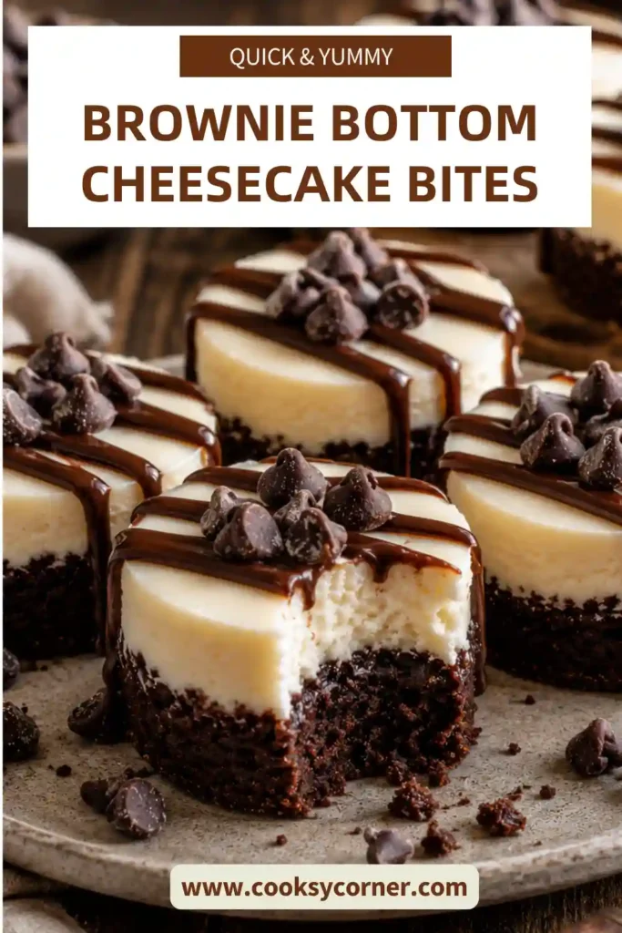 Chocolate brownie cheesecake bites arranged on a serving platter with ganache drizzle. The creamy cheesecake and rich brownie layers offer an indulgent dessert experience.