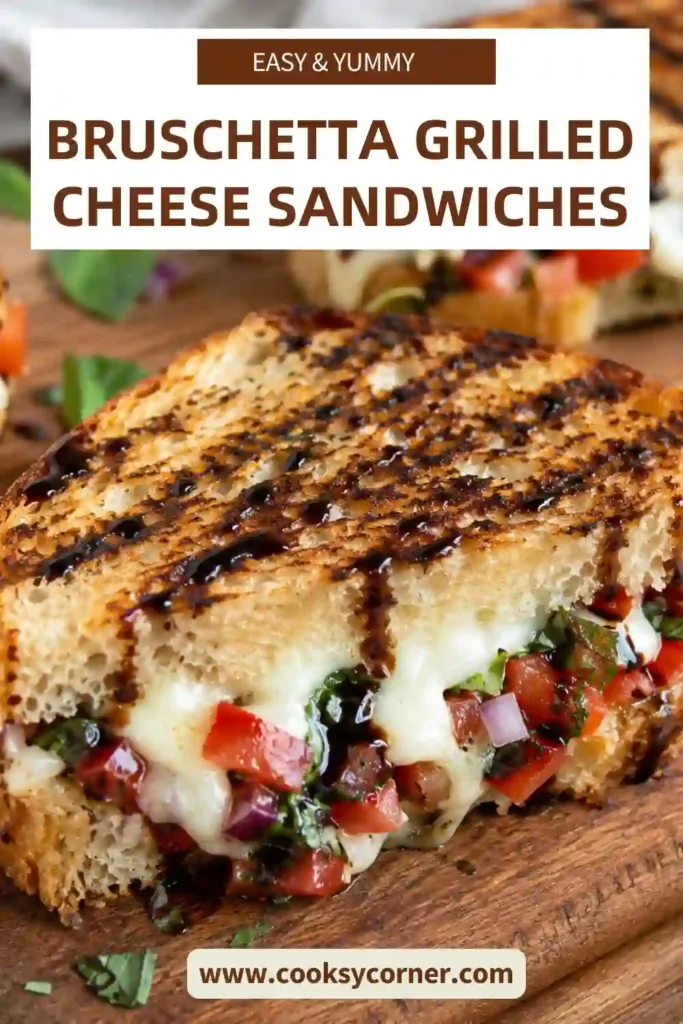 A close-up of toasted ciabatta stuffed with mozzarella, tomato bruschetta, Parmesan, and basil. Perfect for an easy vegetarian lunch.