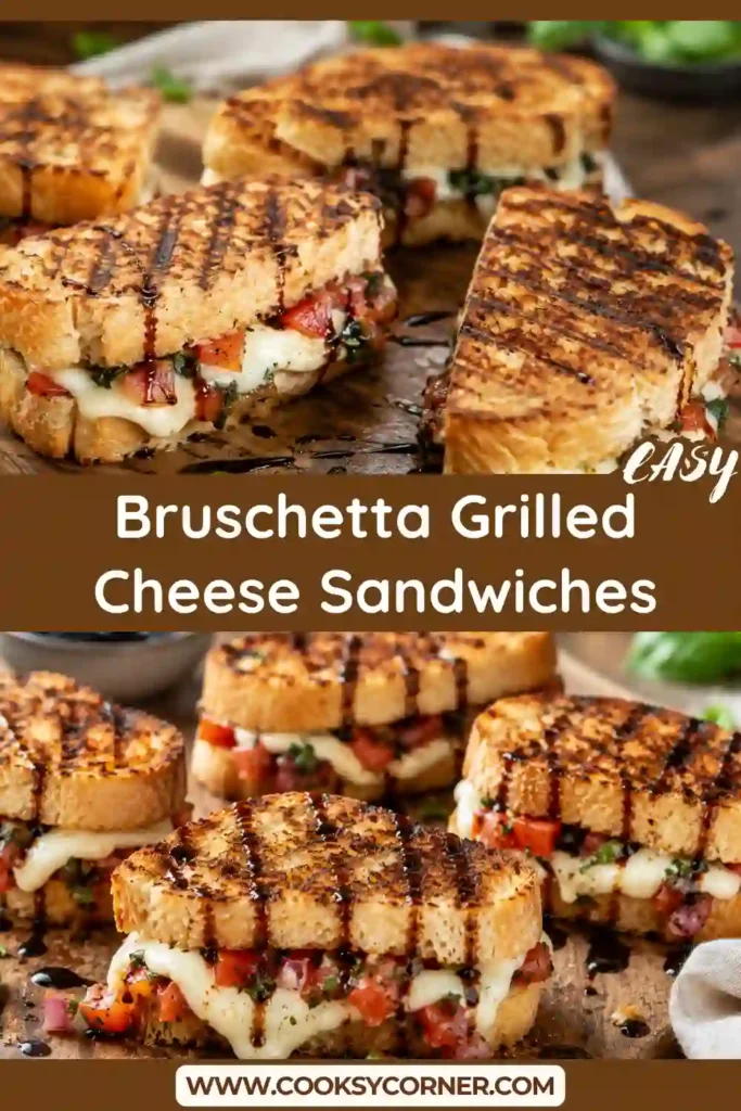 Golden Bruschetta Grilled Cheese Sandwiches made with crispy ciabatta, melted mozzarella, diced tomatoes, basil, Parmesan, and balsamic glaze. Fresh Italian-inspired flavors are packed into every bite.