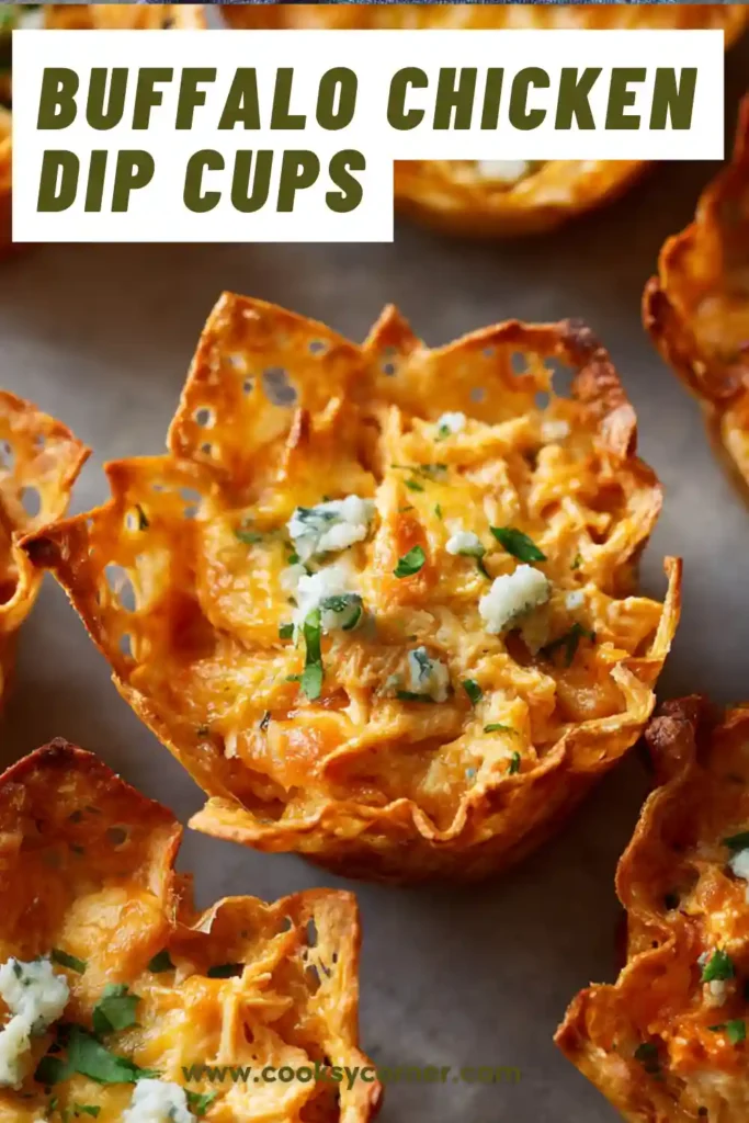 Homemade Buffalo Chicken Dip Cups arranged on a serving platter with fresh chives and blue cheese crumbles. Perfect for gatherings and holiday entertaining.