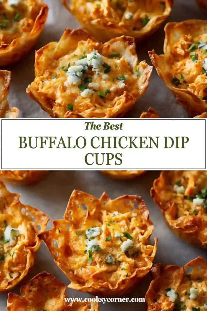 Crispy baked wonton appetizer cups stuffed with spicy buffalo chicken filling and garnished with blue cheese. A delicious game day snack everyone will love.