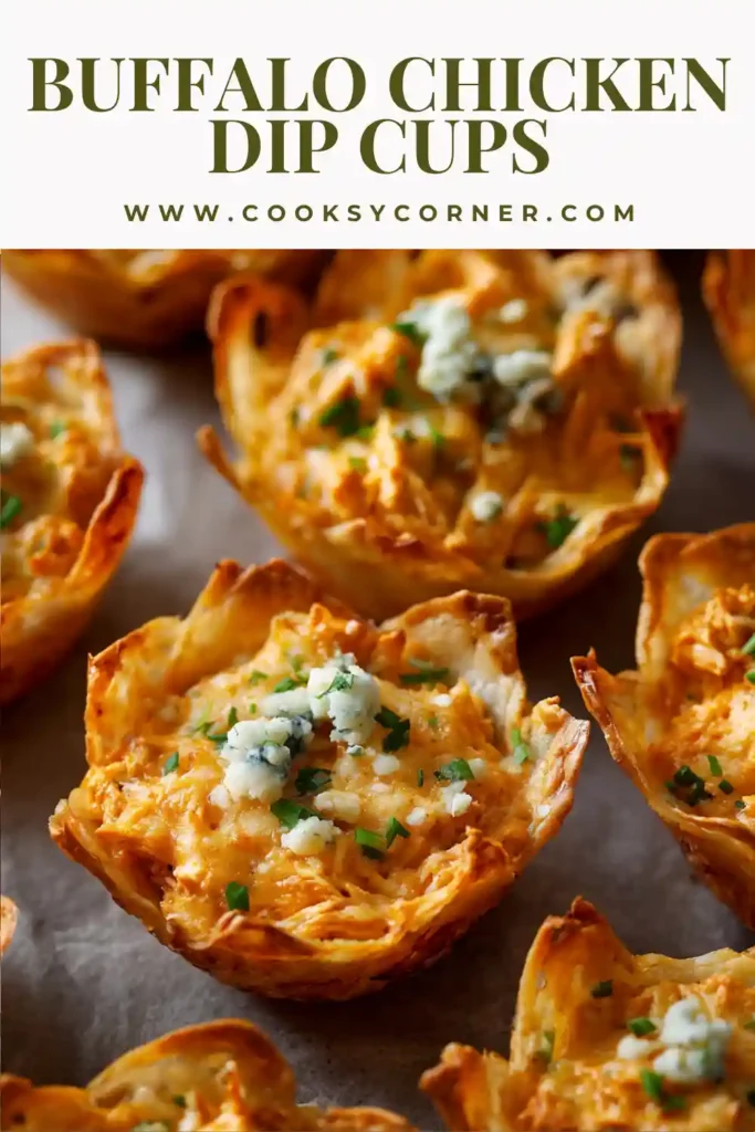 Golden wonton cups filled with creamy buffalo chicken dip and topped with blue cheese crumbles and fresh chives. These Buffalo Chicken Dip Cups are a perfect party appetizer.
