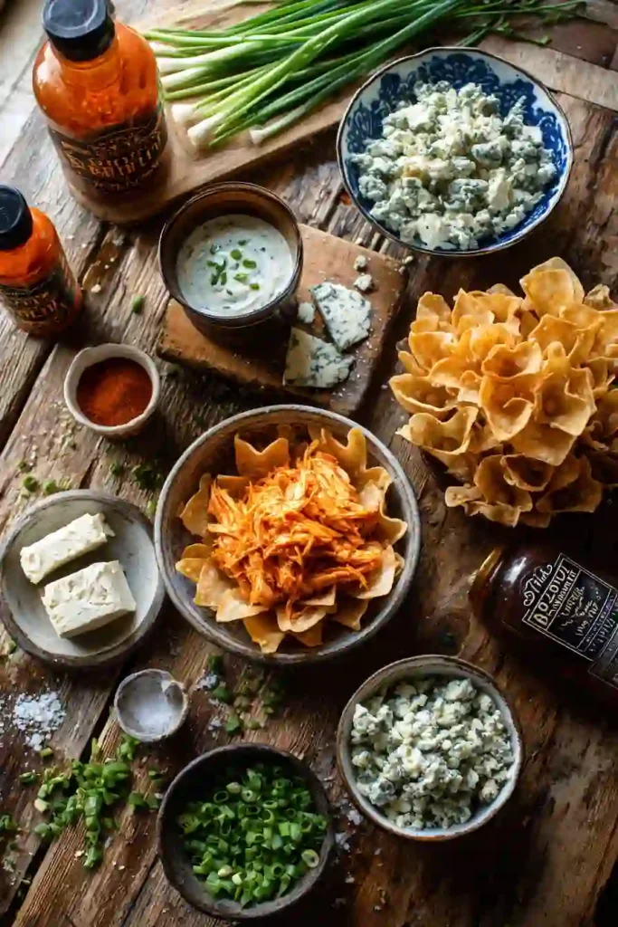 Close-up of crunchy wonton cups filled with creamy buffalo chicken dip. These bite-sized appetizers are flavorful, cheesy, and ideal for parties.