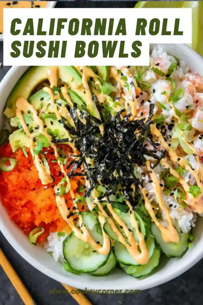 A colorful bowl of California Roll Sushi Bowls topped with avocado slices, cucumber, imitation crab, sesame seeds, and nori. Fresh sushi rice creates the perfect base for this easy homemade sushi bowl recipe.