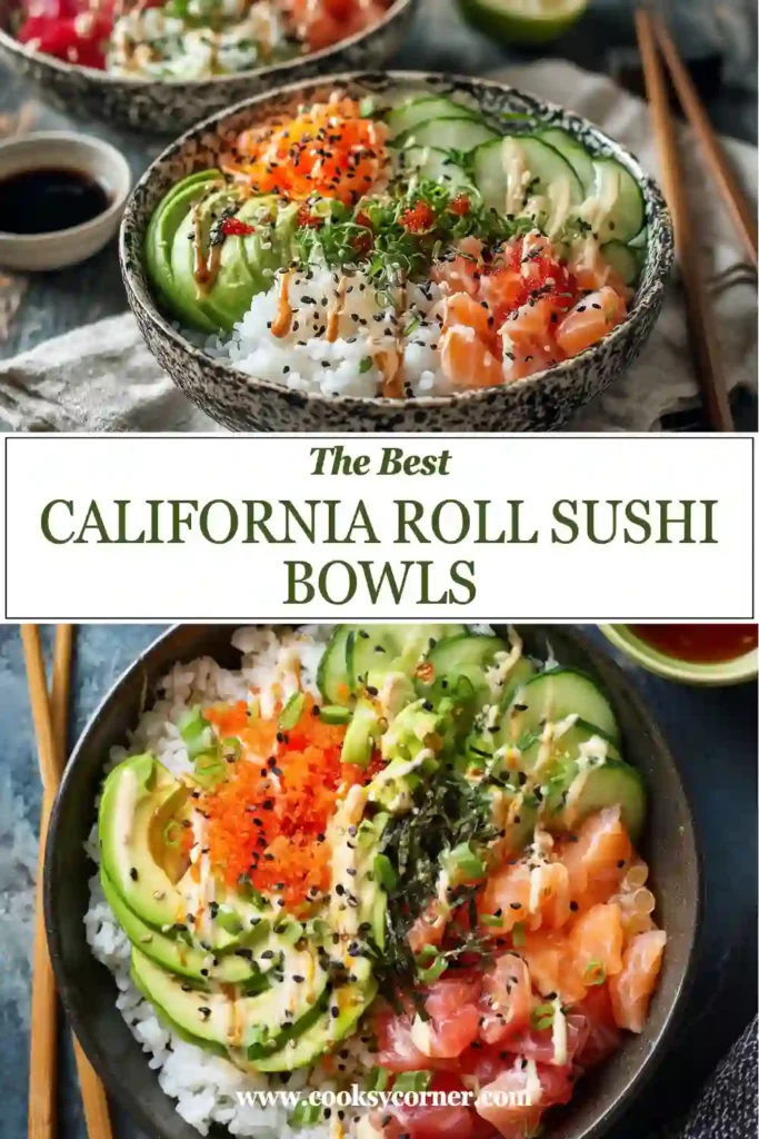 Fresh California Roll Sushi Bowls served with creamy avocado, spicy mayo, cucumber, and seasoned sushi rice. This deconstructed sushi bowl offers classic sushi flavors without rolling.