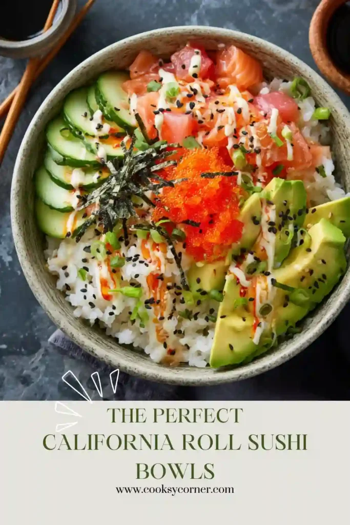 Homemade California Roll Sushi Bowls featuring fluffy rice, crab, avocado, sesame seeds, and seaweed. A quick and healthy sushi bowl recipe perfect for lunch or dinner.