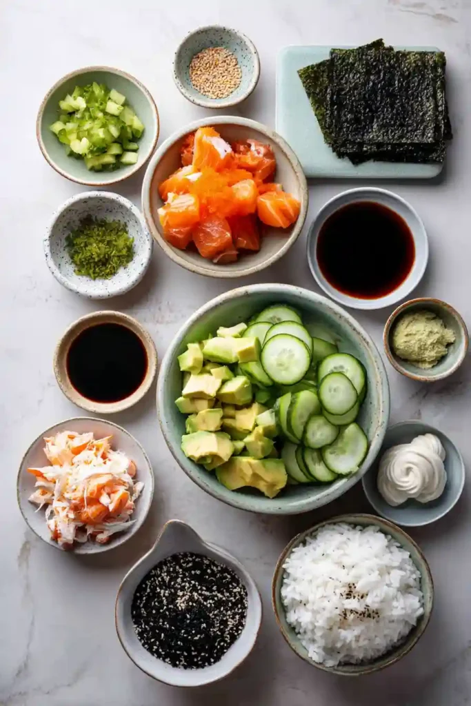 Easy California Roll Sushi Bowls arranged with vibrant toppings and spicy mayo drizzle. A delicious sushi rice bowl packed with fresh flavor and texture.
