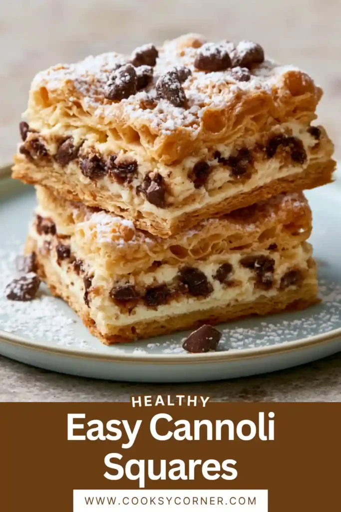 Cannoli Squares layered with sweet ricotta filling and dusted with powdered sugar.