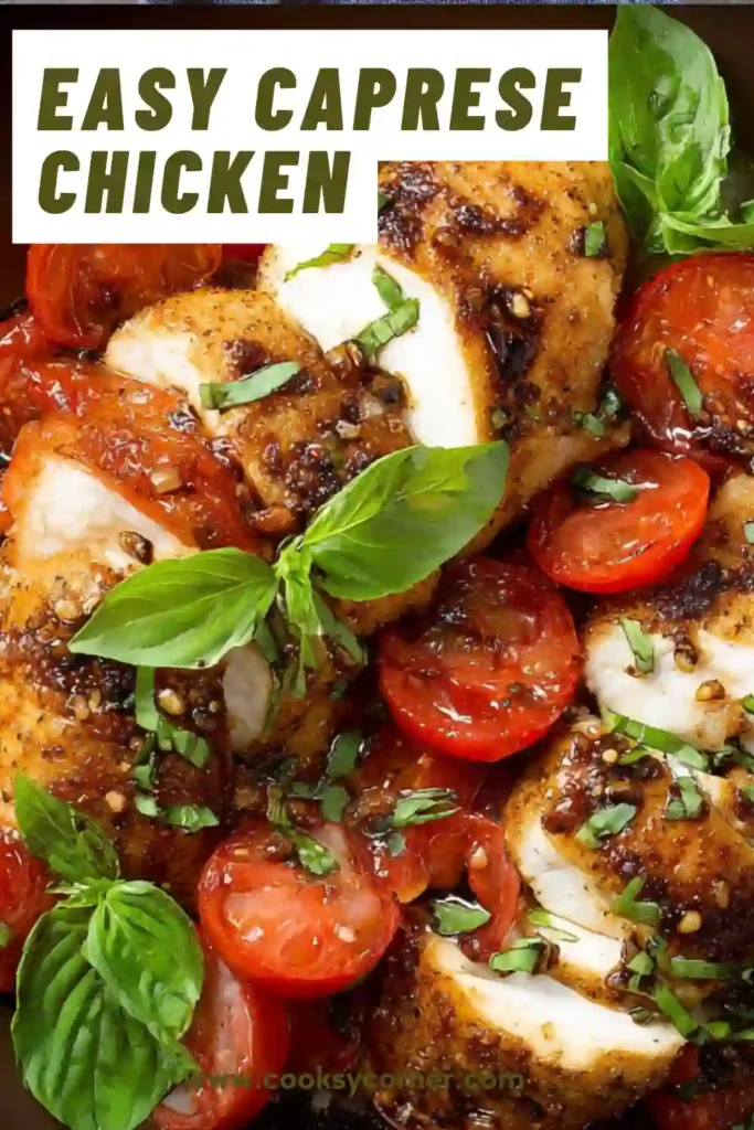 Caprese Chicken served in a skillet with melted mozzarella cheese, fresh basil, and juicy grape tomatoes. This easy Italian-inspired chicken dinner is finished with balsamic flavor.