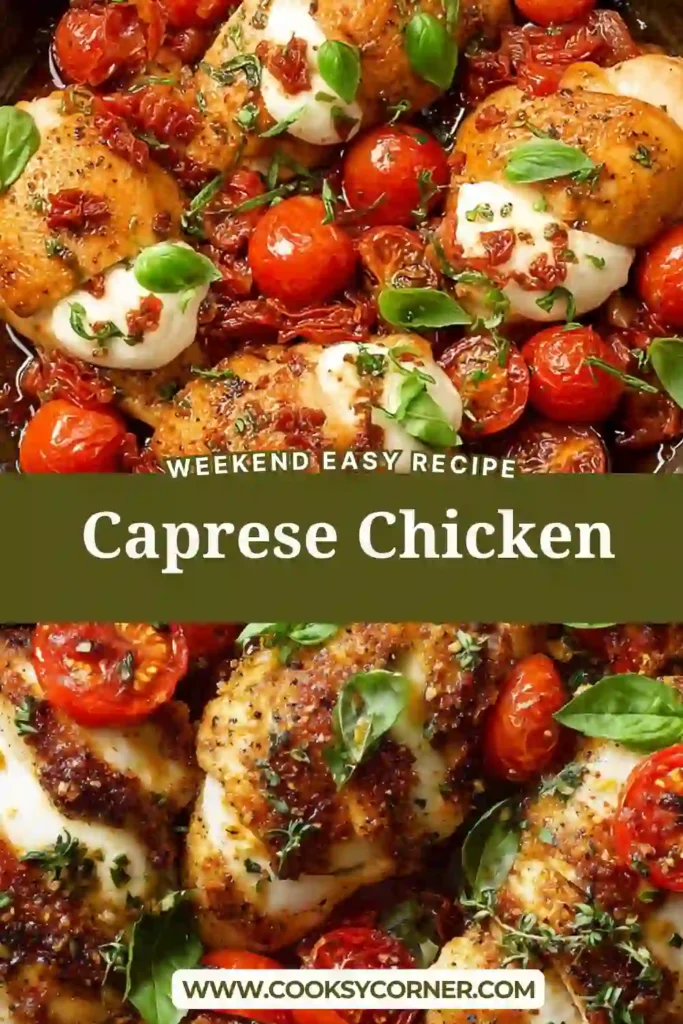 Golden seared chicken breasts topped with mozzarella and surrounded by tomato basil sauce. A fresh and flavorful Caprese Chicken recipe for weeknight meals.