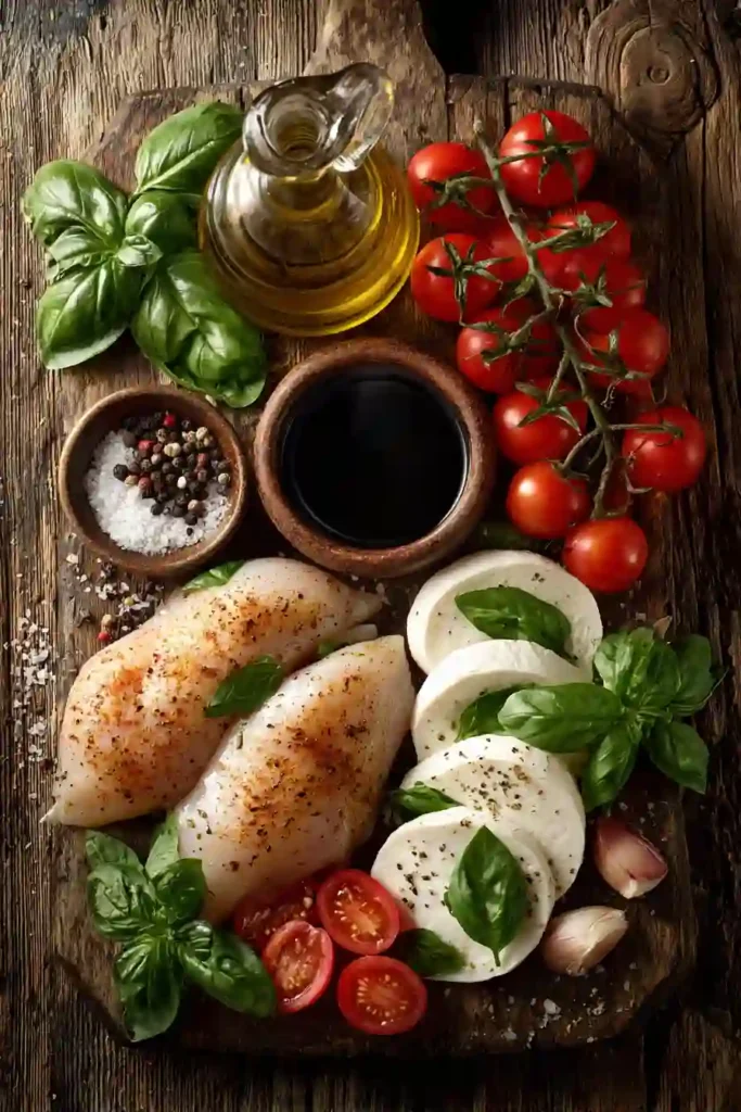 Fresh Caprese Chicken plated with tomatoes, basil, and creamy mozzarella cheese. This easy skillet recipe is perfect for a healthy family dinner.