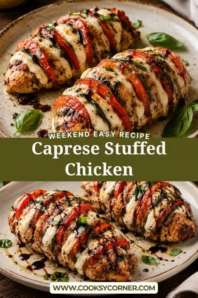 Hasselback-style Caprese Stuffed Chicken topped with balsamic glaze and fresh basil.