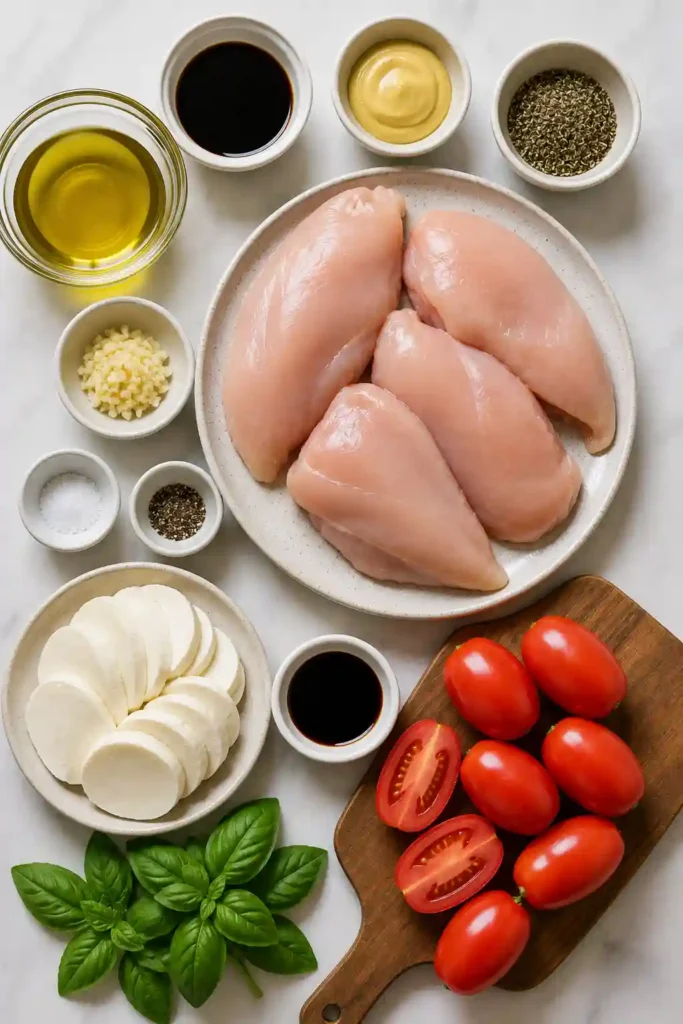 Homemade baked Caprese chicken featuring melted mozzarella, sliced Roma tomatoes, and fresh basil.