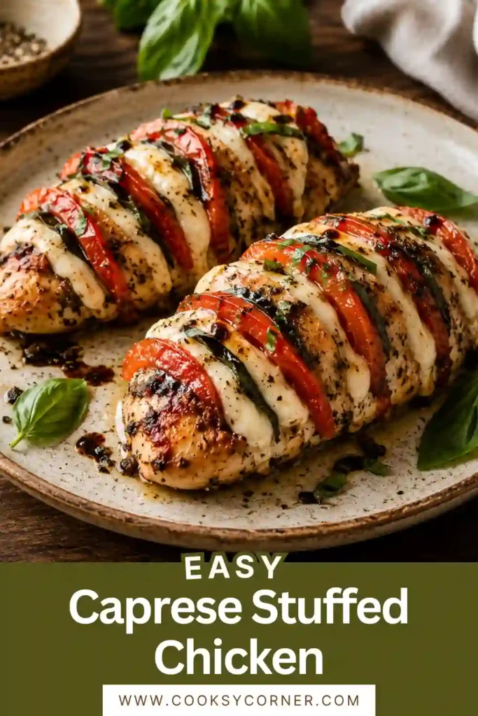 Juicy baked chicken breasts stuffed with mozzarella cheese, tomatoes, and basil leaves for an easy Italian-inspired dinner.