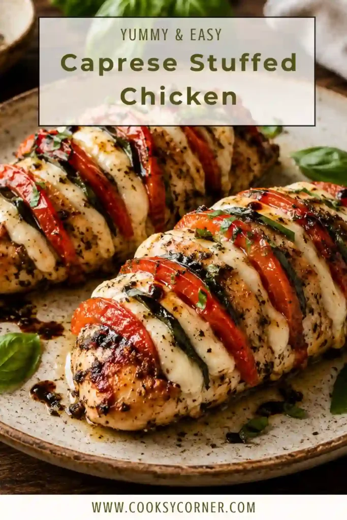 Caprese Stuffed Chicken baked with fresh mozzarella, Roma tomatoes, basil, and balsamic glaze on a serving platter