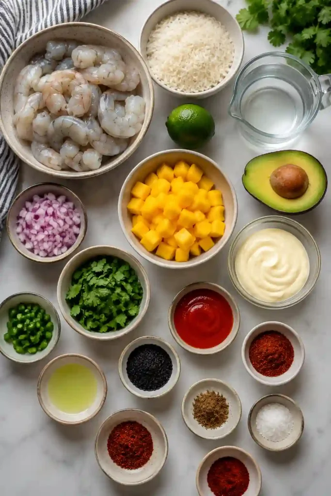 Fresh avocado shrimp bowl with seasoned charred shrimp, fluffy rice, colorful mango salsa, and creamy spicy sauce. A delicious and healthy weeknight dinner option.