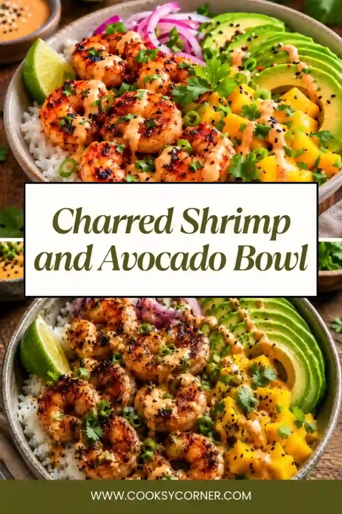 Close-up view of a Charred Shrimp and Avocado Bowl with perfectly seared shrimp, ripe avocado slices, and tropical mango salsa. Bright ingredients create a fresh and appetizing presentation.